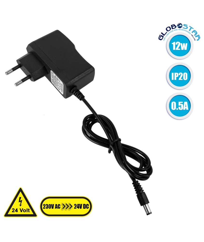 GloboStar® 73081 Πλαστικό Τροφοδοτικό SELV για Προϊόντα LED 12W 0.5A - AC 220-240V σε DC 24V - IP20 L7 x W2.7 x H7.5cm - 2 Years Warranty